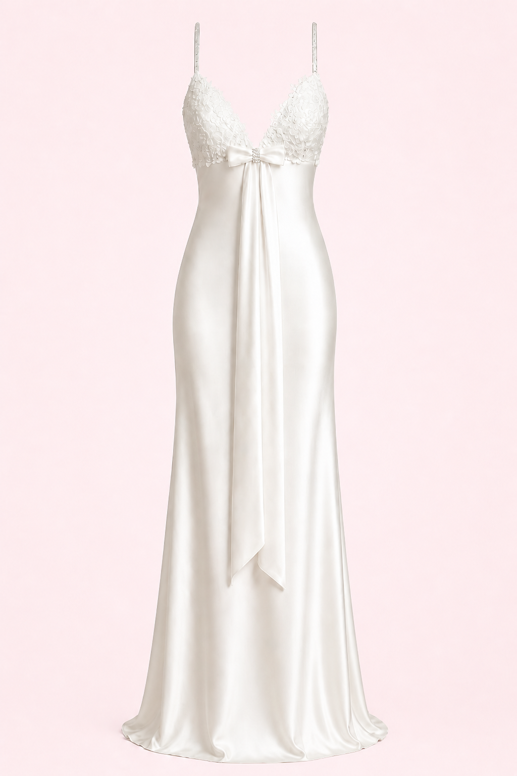 VINTAGE  BIAS-CUT SLIP GOWN WITH LACE APPLIQUE & BOW - MINIMALIST 90TH