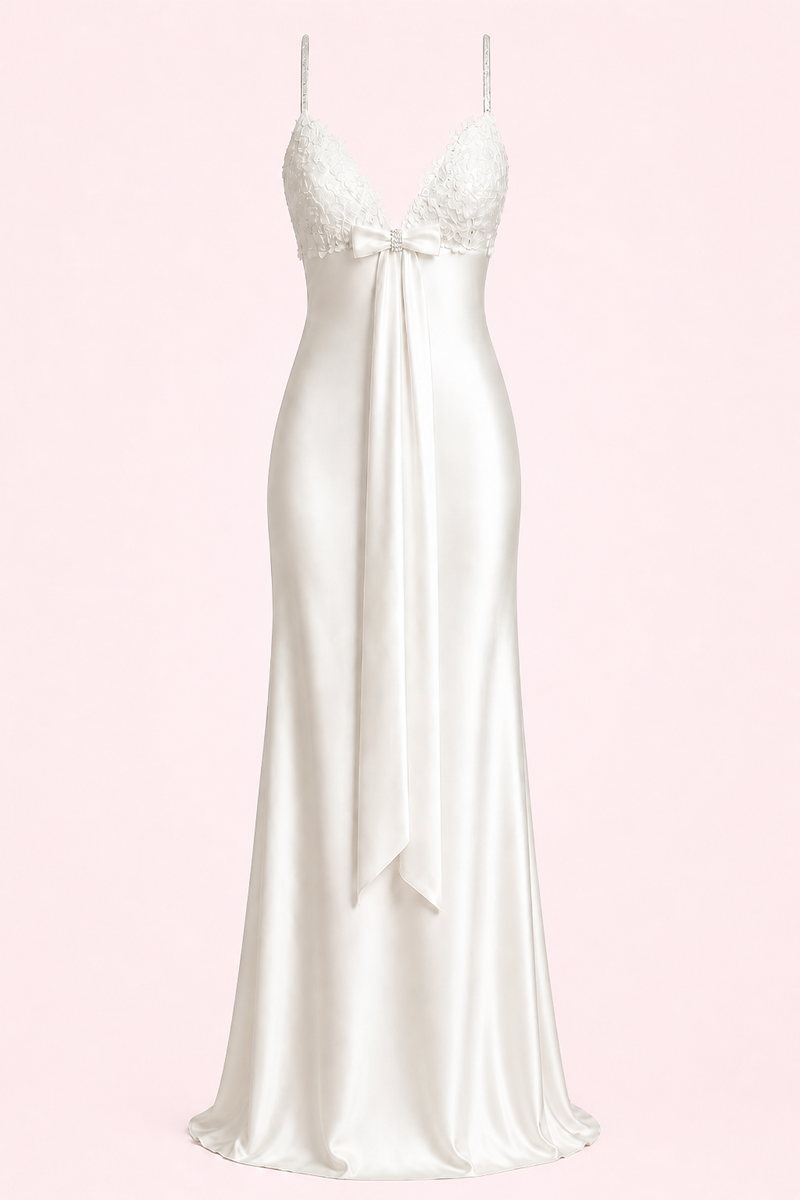 Vintage bias-cut slip gown with lace applique and bow, minimalist 90s, by Galit Levi