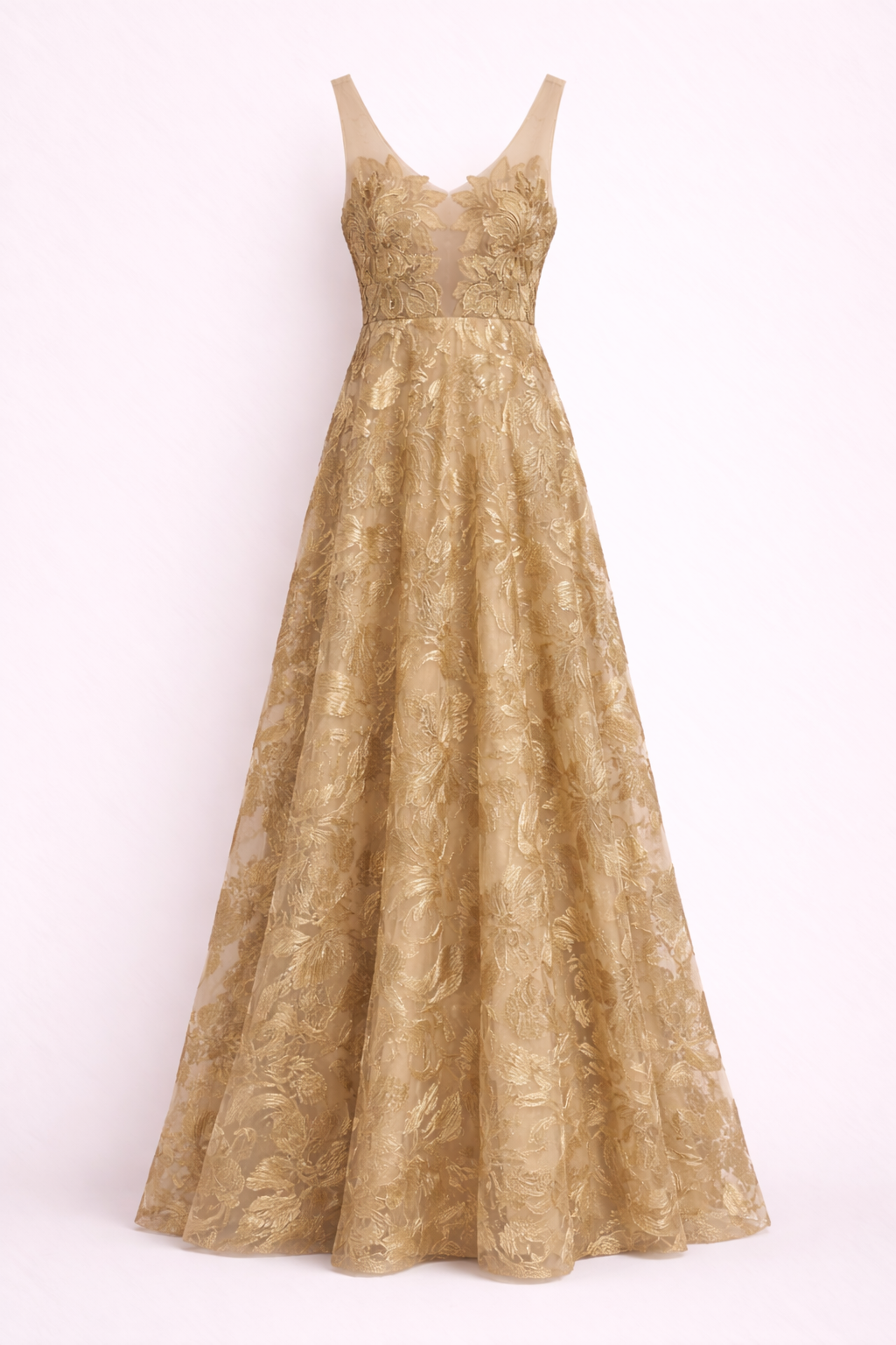 GOLD FLORAL GUIPURE HOLLYWOOD GLAM BALL GOWN
