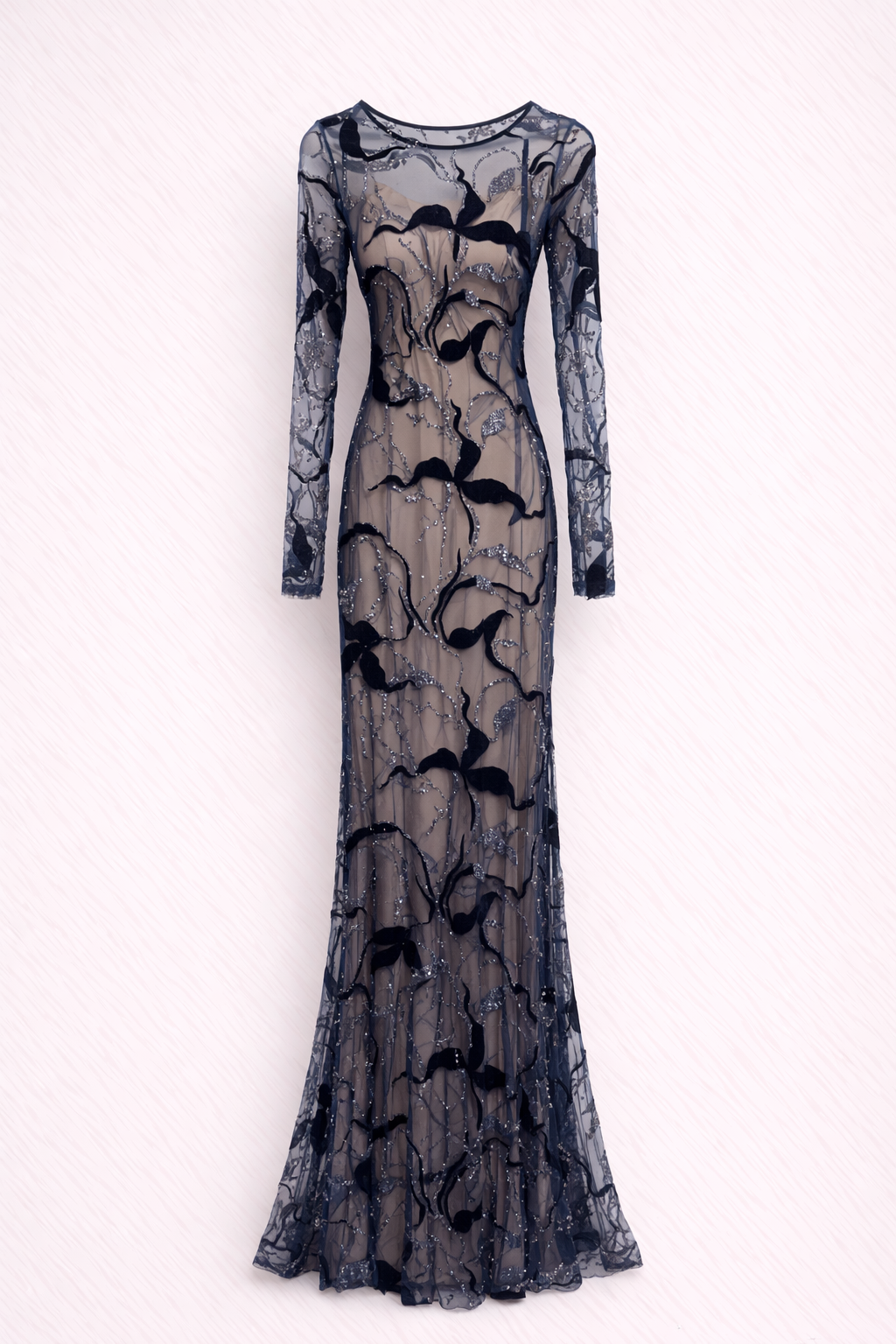 DEEP BLUE VELVET LACE LONG SLEEVES GOWN