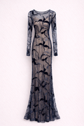 DEEP BLUE VELVET LACE LONG SLEEVES GOWN