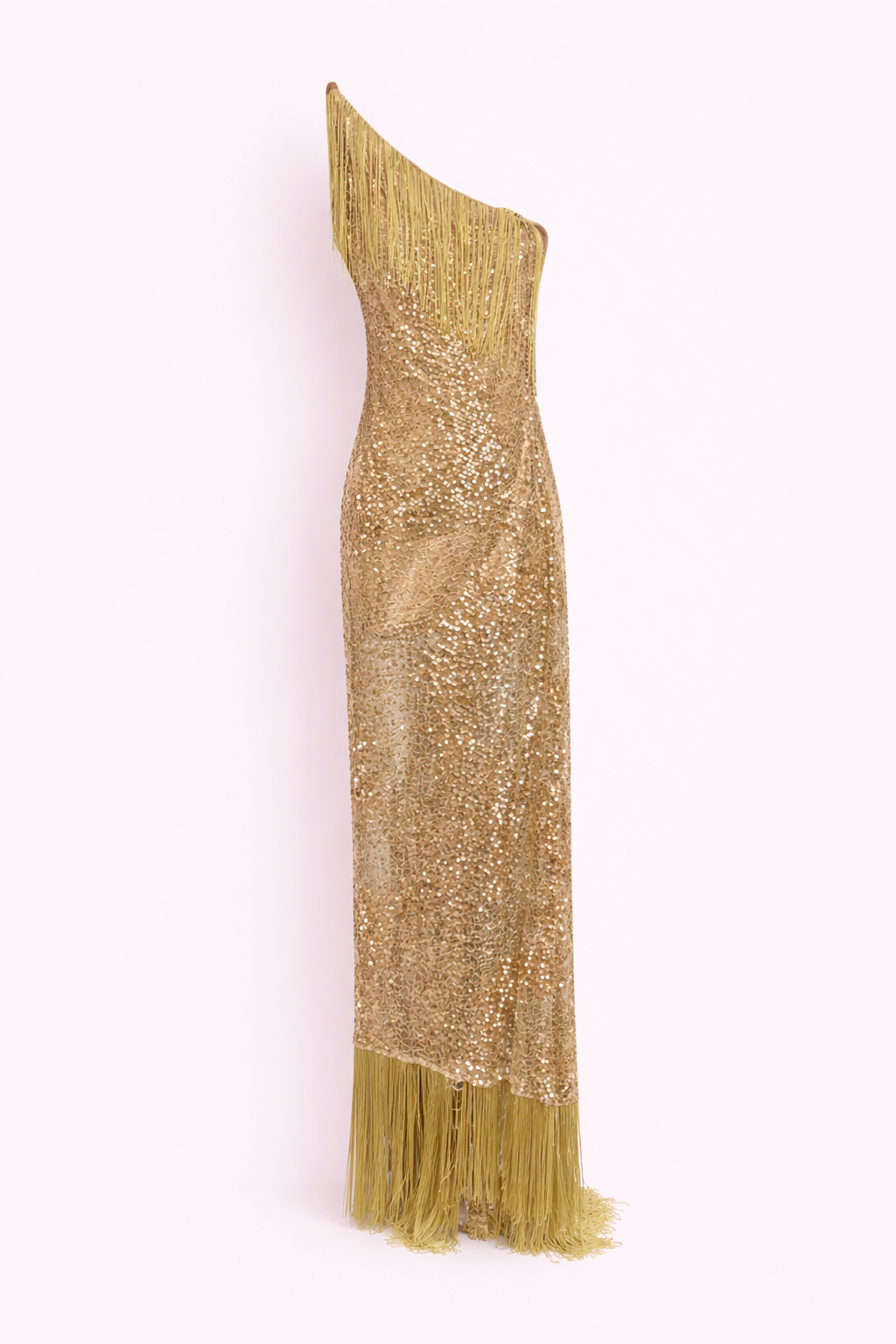 A SYMMETRIC GOLD SEQUIN GOWN WITH FRINGES