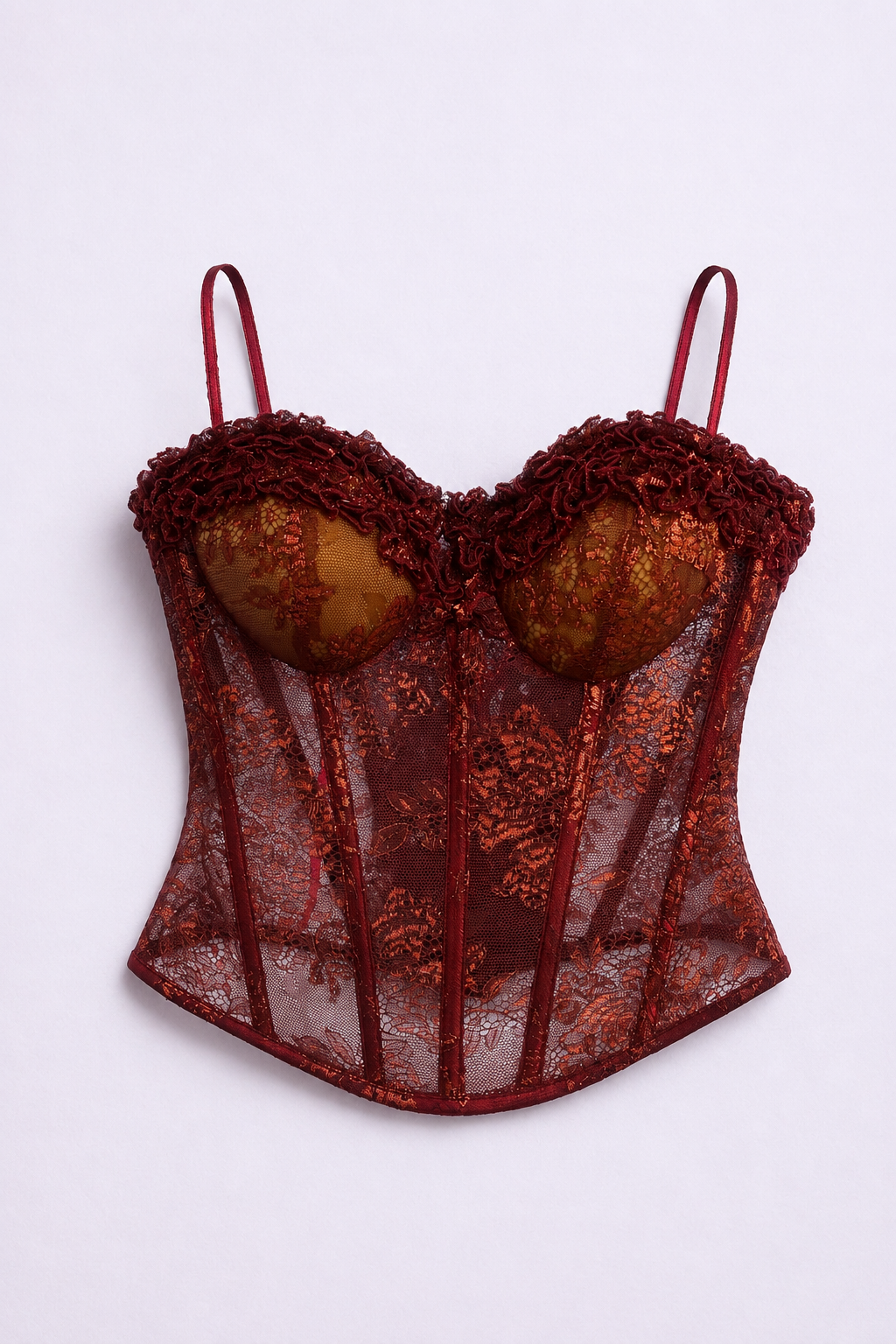 VINTAGE BURGUNDY SHEER LACE CORSET TOP